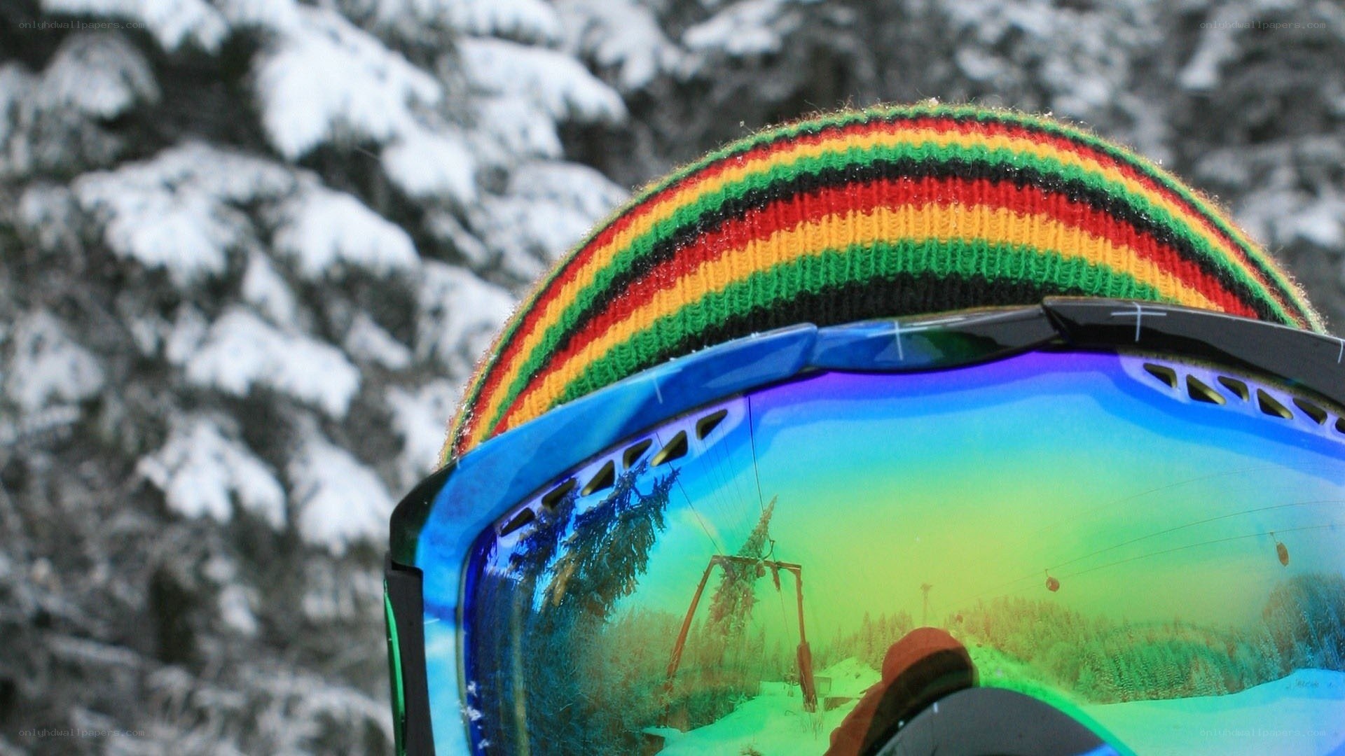 Ski goggles in snowy landscape