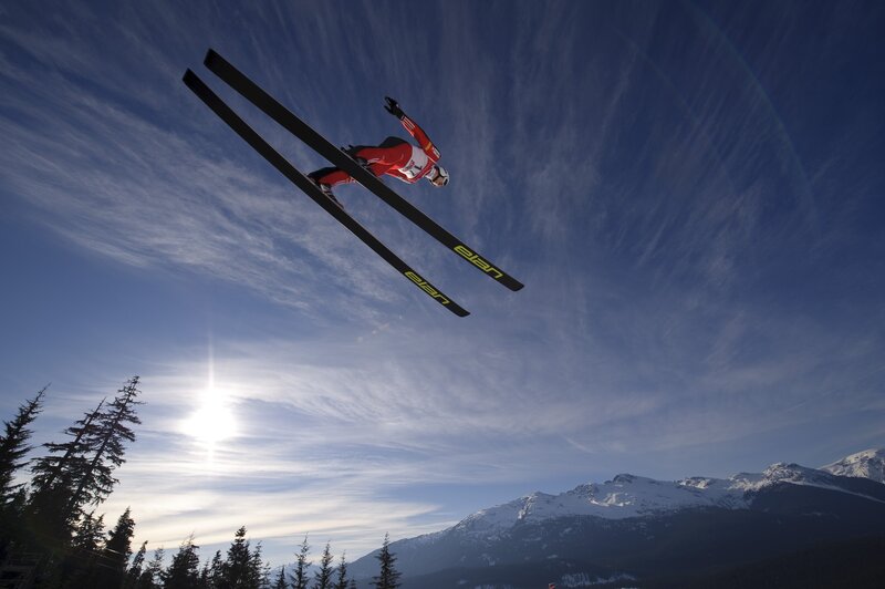 Ski Jumper in Mid-air — Blue, Dramatic