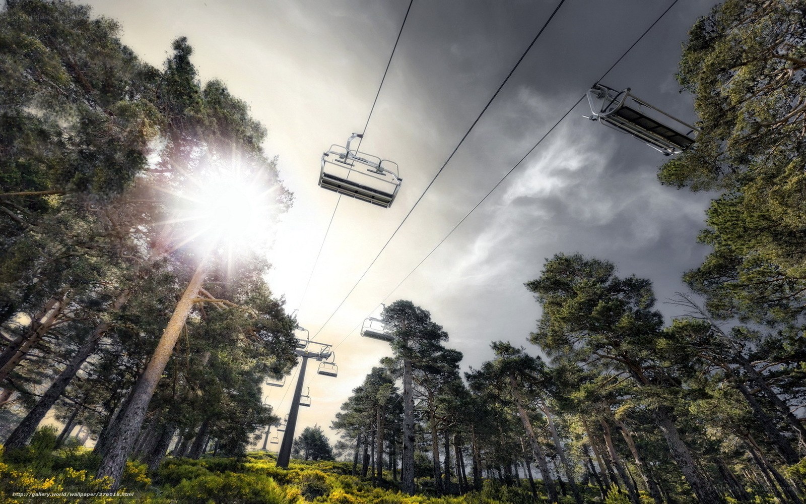 Ski lift in forest with sun