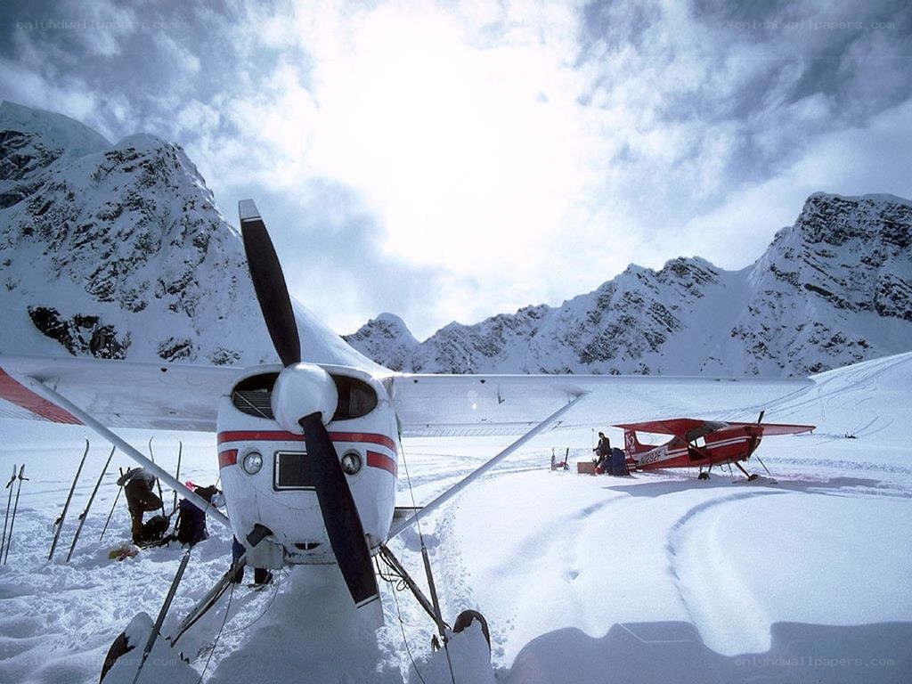 Ski planes on snowy mountain