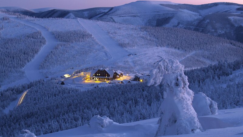 Ski Resort at Dusk — Blue, Serene, Night, Photograph, Snow-covered Trees, Mountains