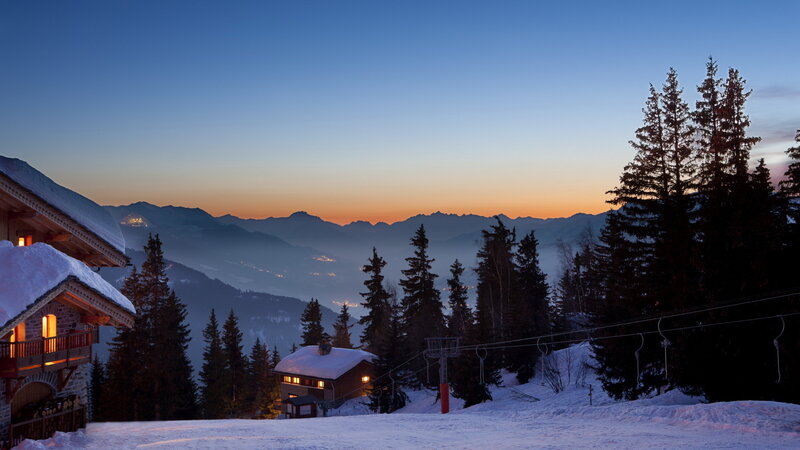 Ski Resort at Dusk — Blue, Serene, Sunset, Photograph, Mountains