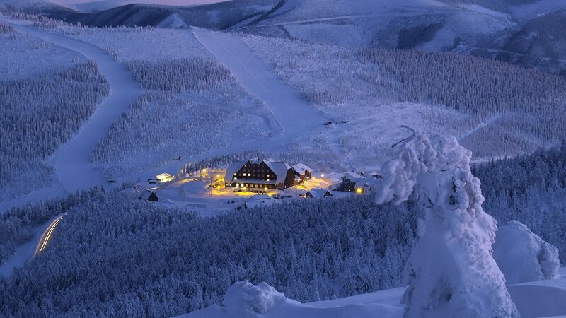 Ski Resort at Night — Blue, Serene, Photograph, Snow-covered Trees