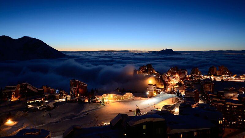 Ski Resort at Night — Blue, Serene, Photograph