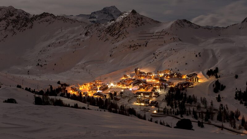 Ski Resort Village at Night — White, Serene