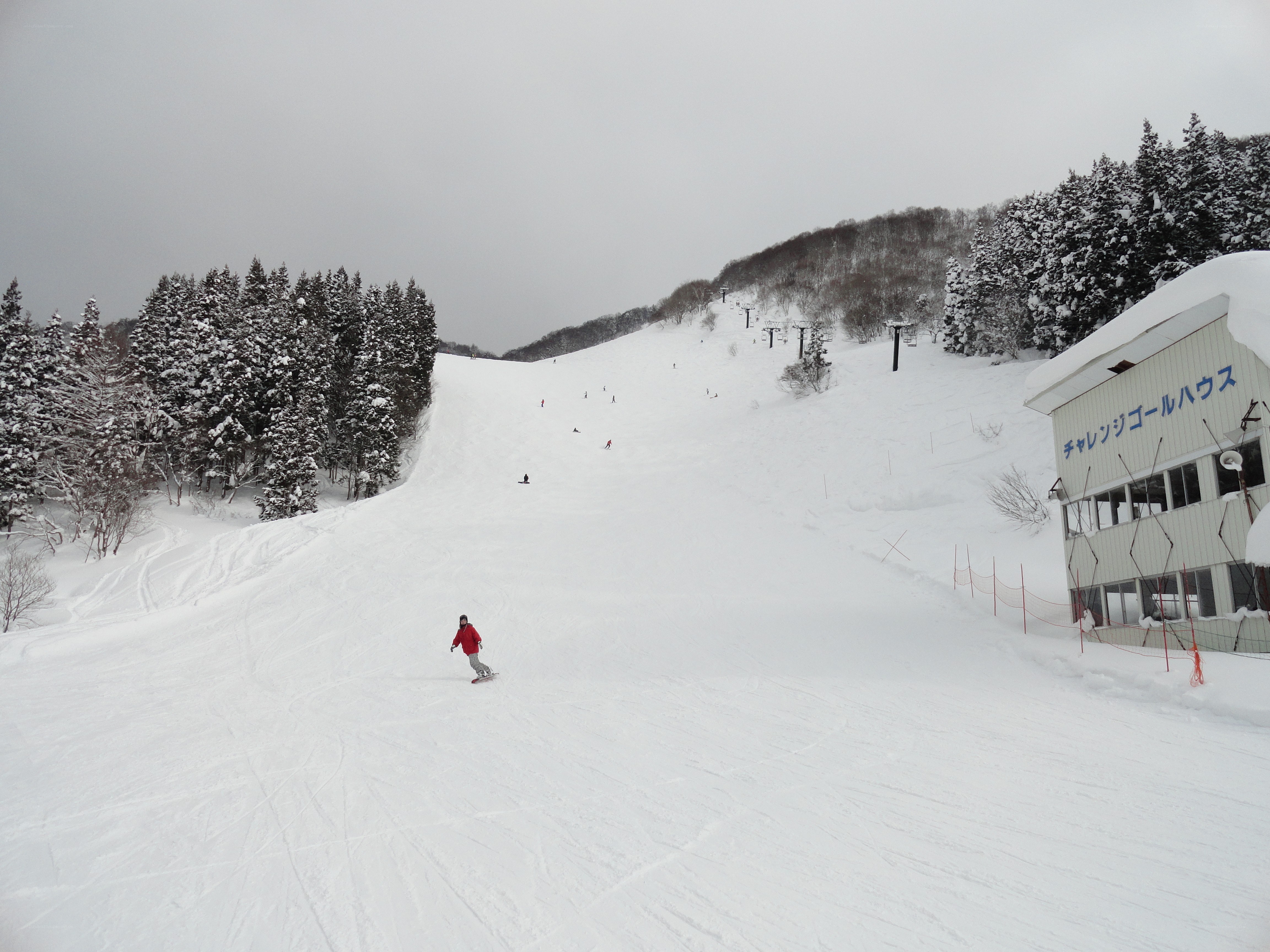 Ski resort with snowboarder