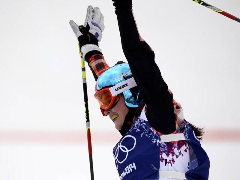 Skier Celebrating Victory — Blue, Celebratory