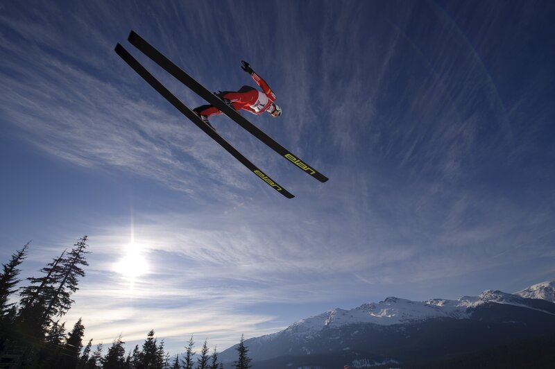 Skier in Mid-air — Blue, Dramatic, Afternoon, Photograph