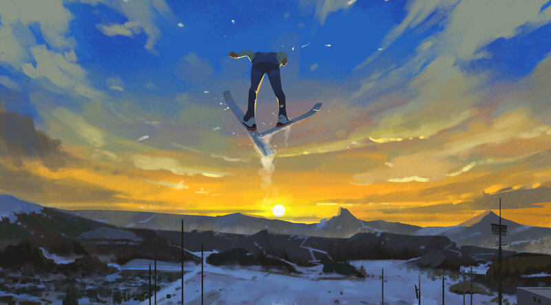 Skier in Mid-air — Blue, Dramatic, Sunset