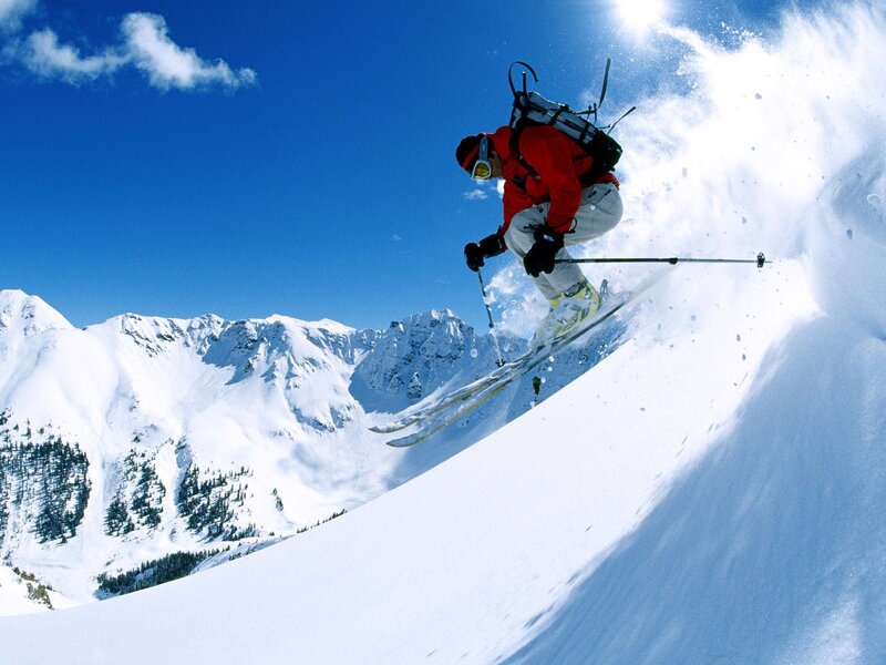 Skier in Mid-air — Blue, Dynamic, Winter, Photograph