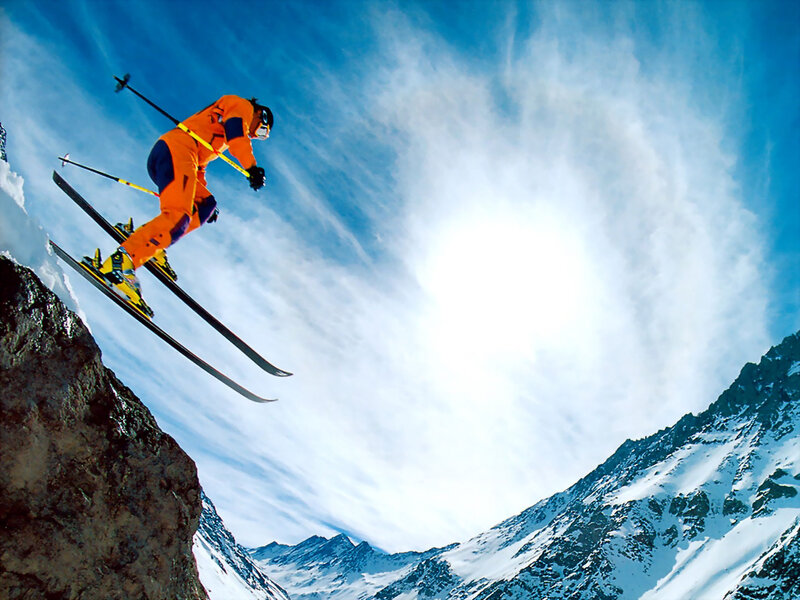 Skier in Mid-air Jump — Blue, Dramatic
