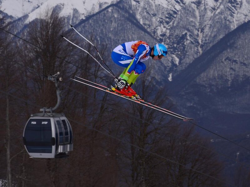 Skier in Mid-air Jump — Blue, Dramatic, Winter
