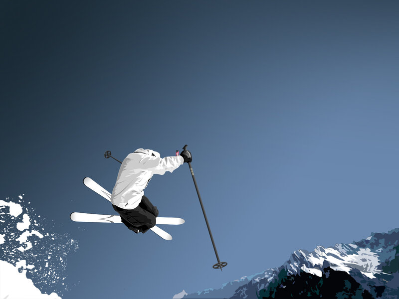 Skier in Mid-air Jump — Blue, Dynamic, Winter, Digital Art
