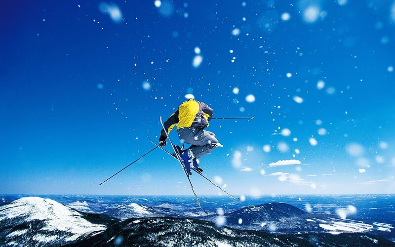 Skier in Mid-air Jump — Blue, Dynamic, Winter, Photograph, Mountains, Snow, Sky