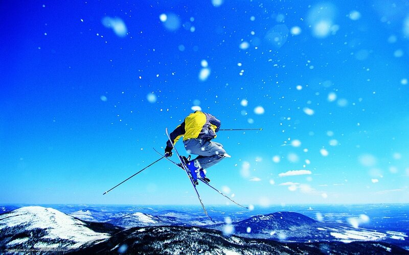 Skier in Mid-air Jump — Blue, Dynamic, Winter, Photograph, Mountains, Snow