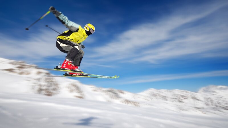 Skier in Mid-air Jump — Blue, Dynamic, Winter, Photograph, Skiing, Mountain, Sky