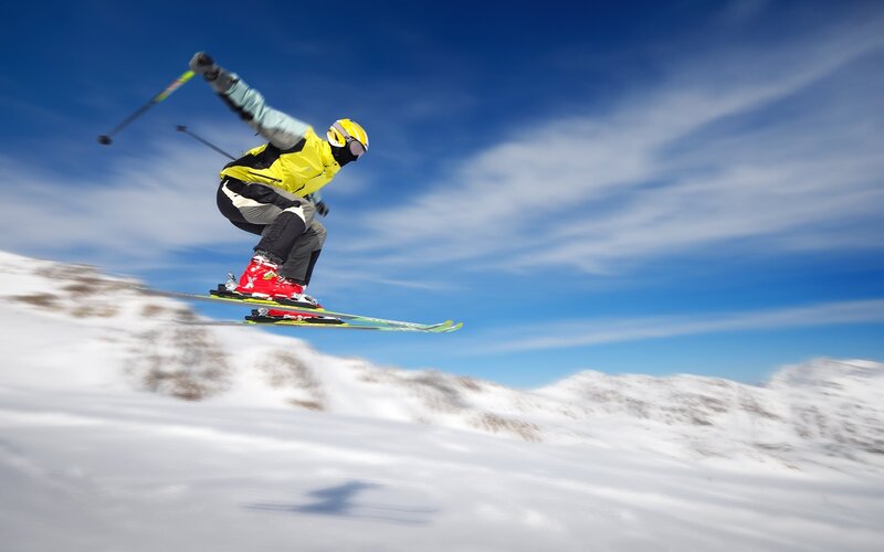 Skier in Mid-air Jump — Blue, Dynamic, Winter, Photograph, Skiing, Mountain
