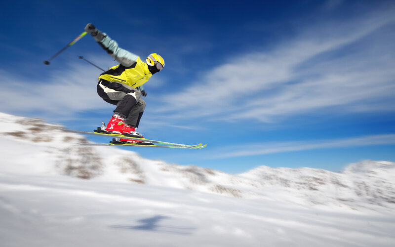 Skier in Mid-air Jump — Blue, Dynamic, Winter, Photograph, Skiing, Mountains, Blue Sky