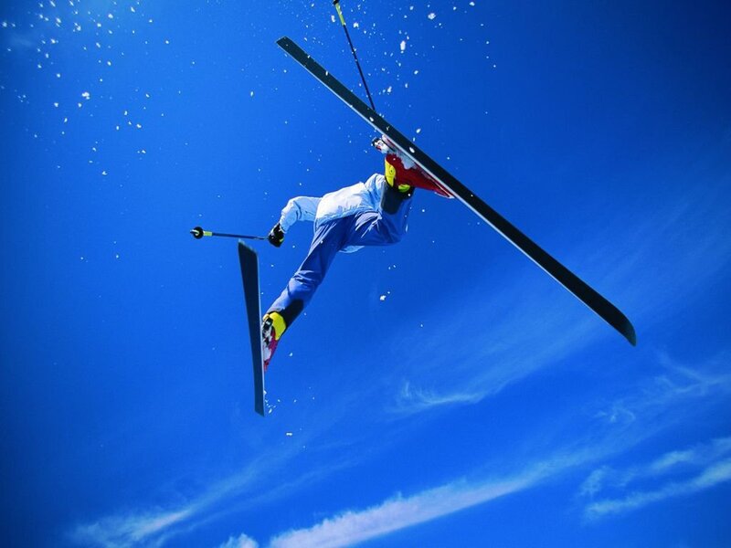 Skier in Mid-air Jump — Blue, Dynamic, Winter, Photograph, Skis, Ski Poles, Snowflakes