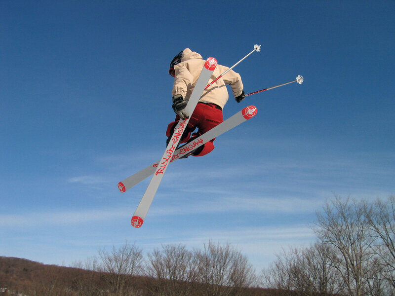 Skier in Mid-air Jump — Blue, Dynamic, Winter, Photograph, Skis, Ski Poles