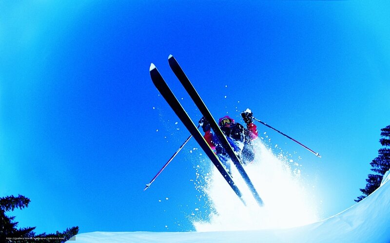 Skier in Mid-air Jump — Blue, Dynamic, Winter, Photograph, Skis