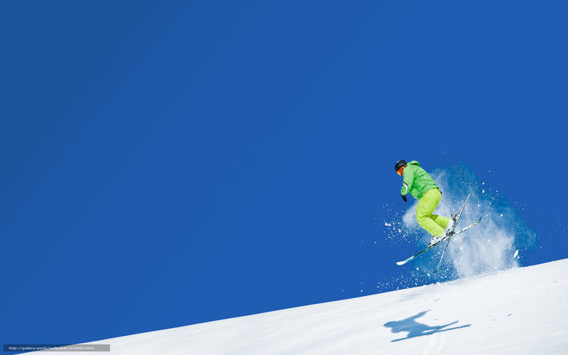 Skier in Mid-air Jump — Blue, Dynamic, Winter, Photograph, Snow, Sky