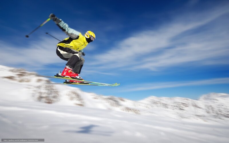 Skier in Mid-air Jump — Blue, Dynamic, Winter, Photograph