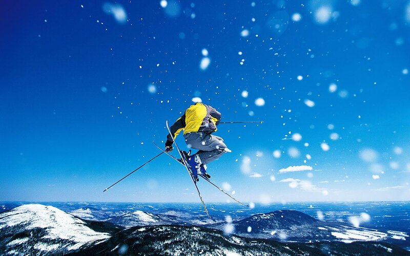 Skier in Mid-air Jump — Blue, Dynamic, Winter