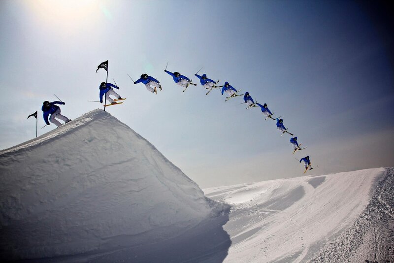 Skier in Mid-air — White, Dramatic, Afternoon, Photograph