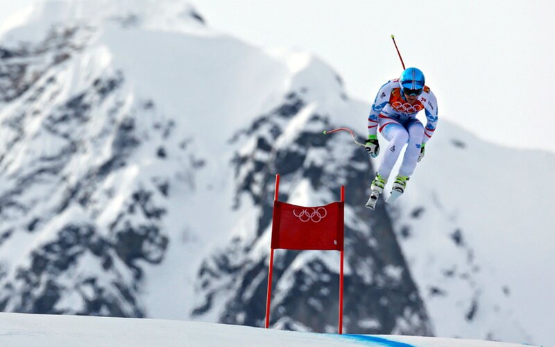 Skier in Mid-air — White, Dynamic, Winter