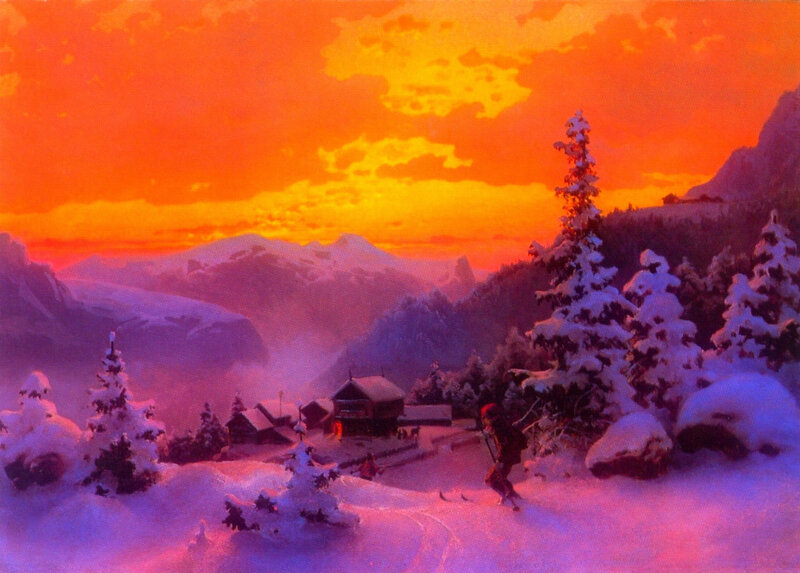 Skier in Snowy Village
