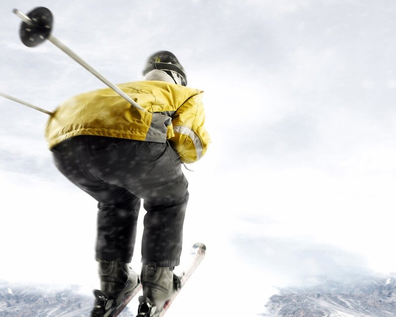 Skier in Yellow Jacket — Dynamic, Winter, Photograph, Ski Poles