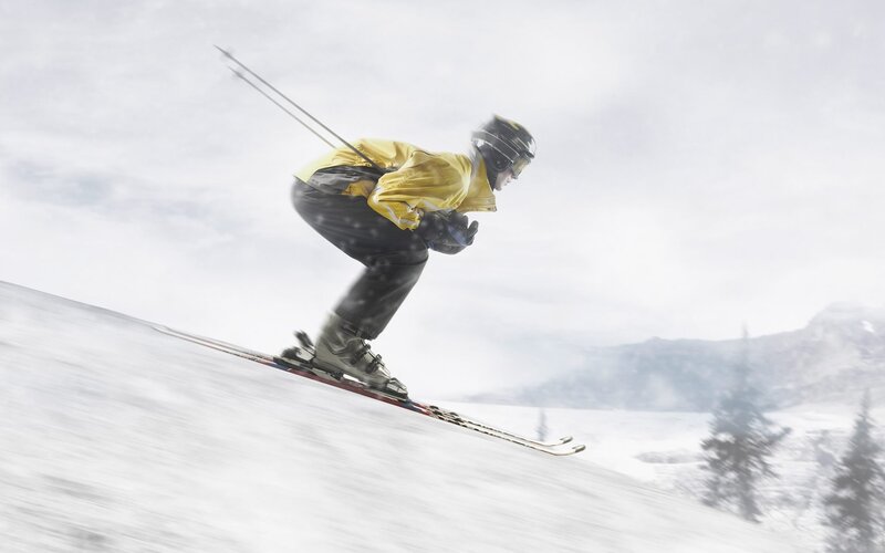 Skier in Yellow Jacket — Dynamic, Winter, Photograph