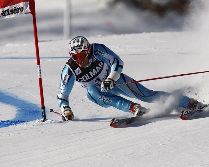Skier navigating a slalom gate