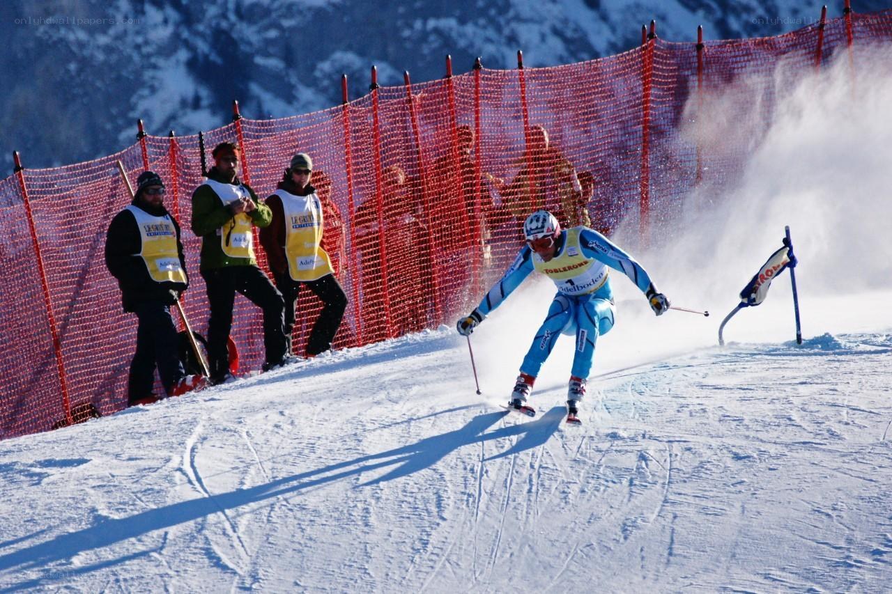 Skier navigating slalom course