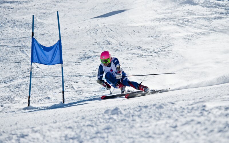 Skier navigating slalom gate