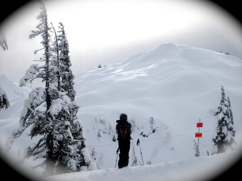 Skier on snowy mountain slope