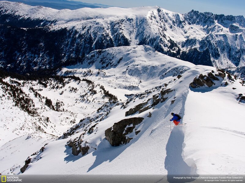 Skier on Snowy Mountain — White, Dramatic, Winter, Photograph, Mountains