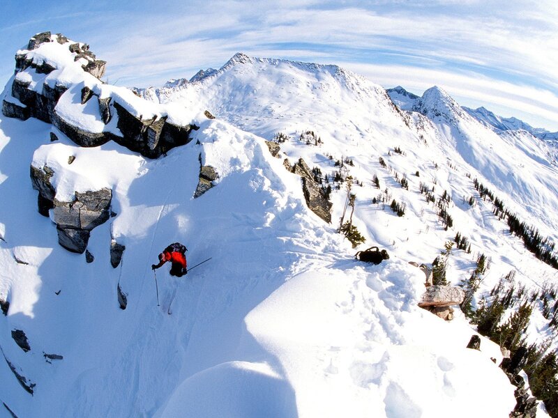 Skier on Snowy Mountain — White, Dramatic, Winter, Photograph, Trees