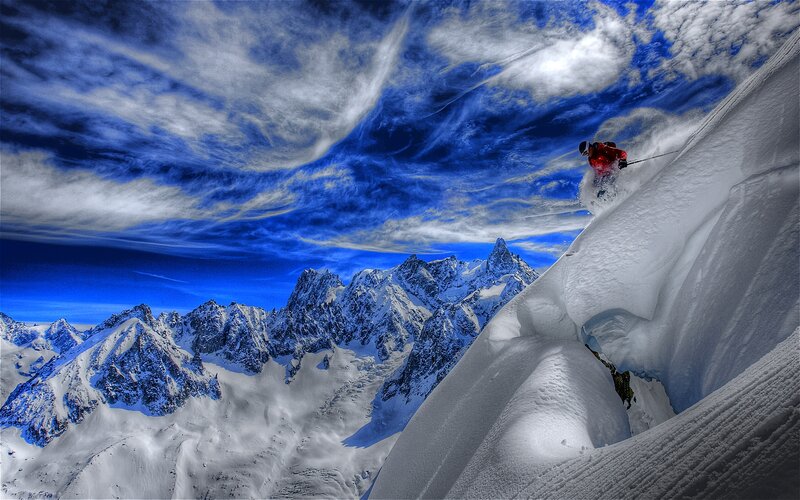 Skier on Snowy Slope — Blue, Dramatic