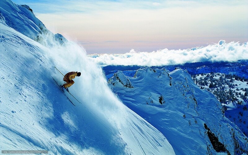 Skier on Snowy Slope — Blue, Dramatic, Winter, Photograph, Mountain, Clouds