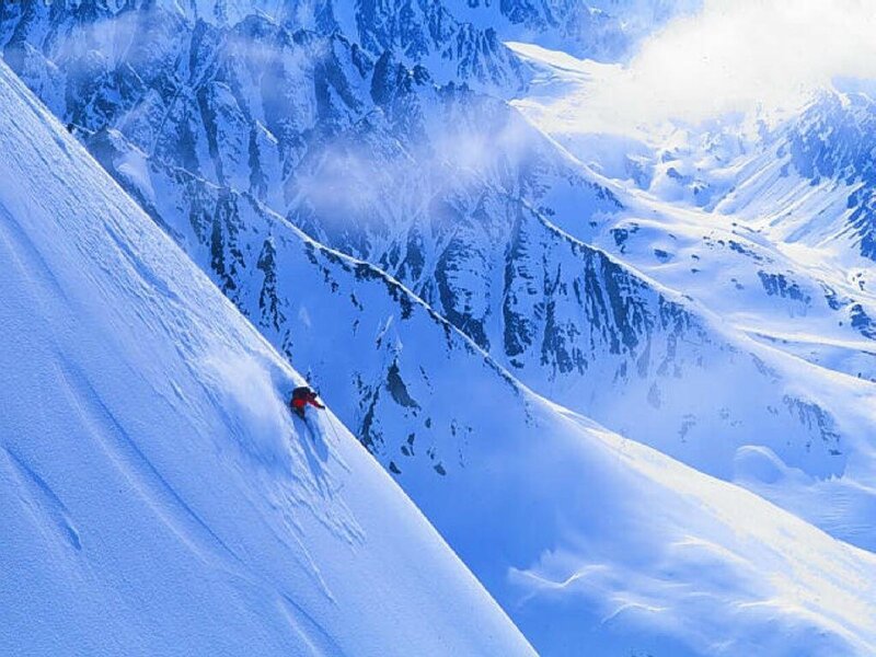 Skier on Snowy Slope — Blue, Dramatic, Winter, Photograph, Mountain, Snow