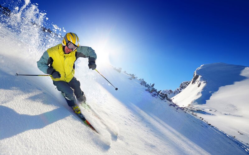 Skier on Snowy Slope — Blue, Dynamic, Winter