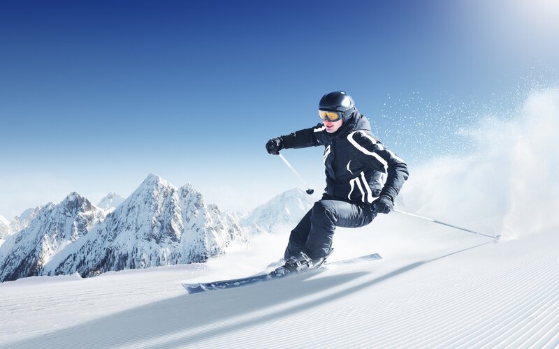 Skier on Snowy Slope — White, Active, Winter, Photograph, Mountains, Ski Poles