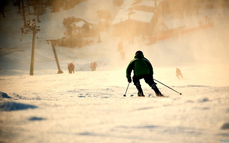 Skier on Snowy Slope — White, Dramatic, Sunset