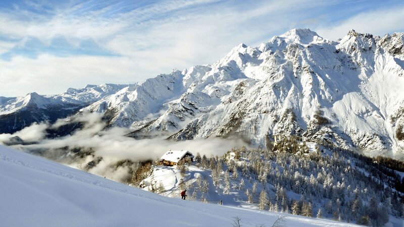 Skier on Snowy Slope — White, Serene, Winter, Photograph, Mountains