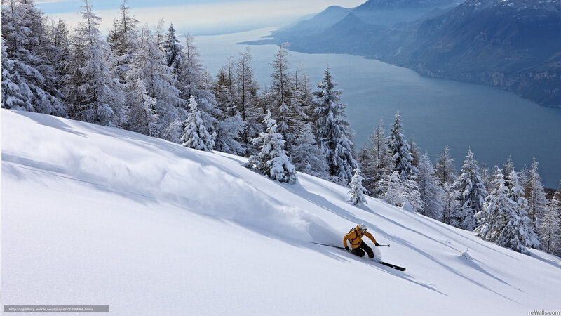Skier on Snowy Slope — White, Serene, Winter, Photograph, Snow-covered Trees, Lake