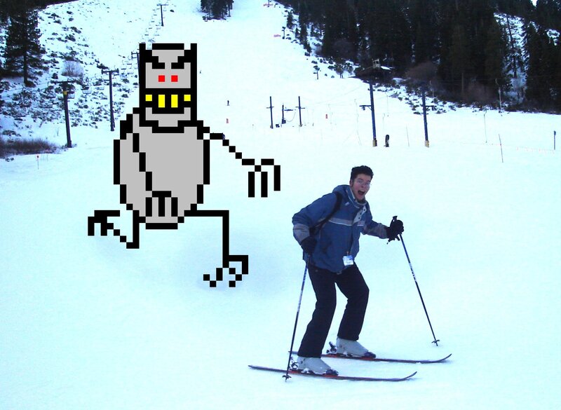Skier with pixel monster
