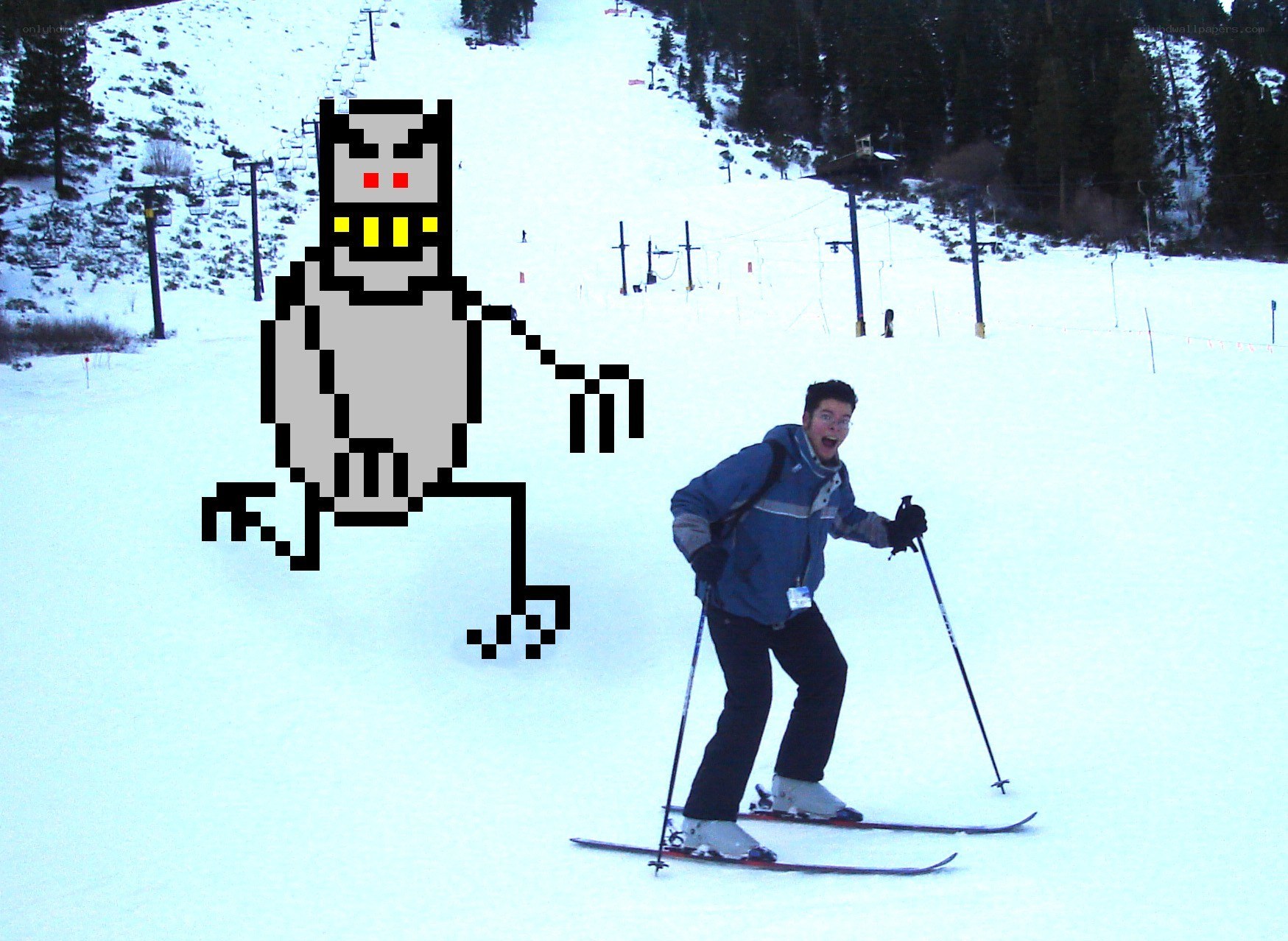 Skier with pixel monster