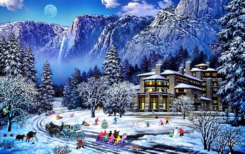 Skiers at Mountain Lodge — Blue